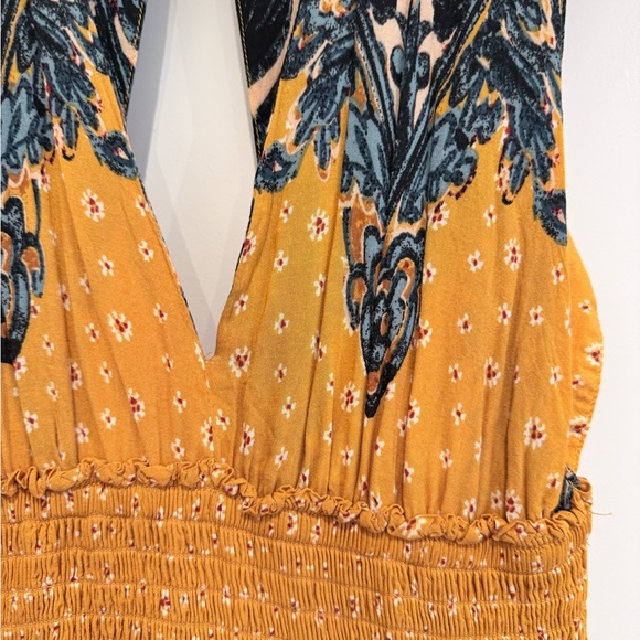 Free People Mustard Yellow Midi Dress with Patterned Navy Bodice - Picture 2 of 4